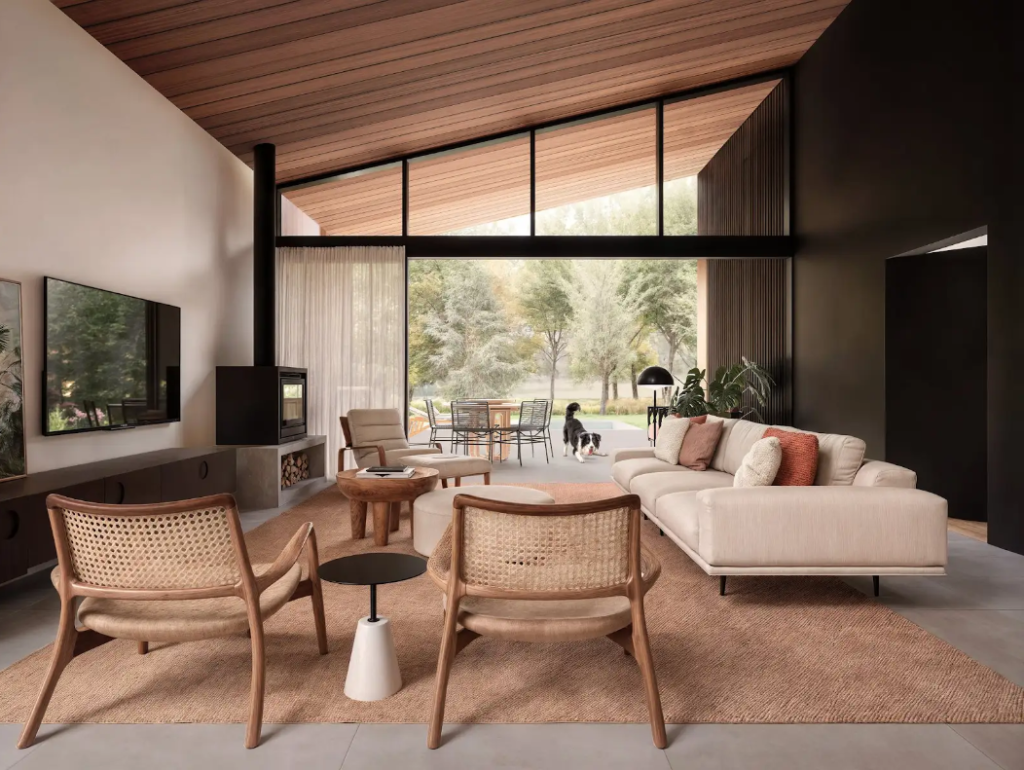 Representação de uma sala de estar de um dos projetos arquitetônicos do Habitai Casas. 