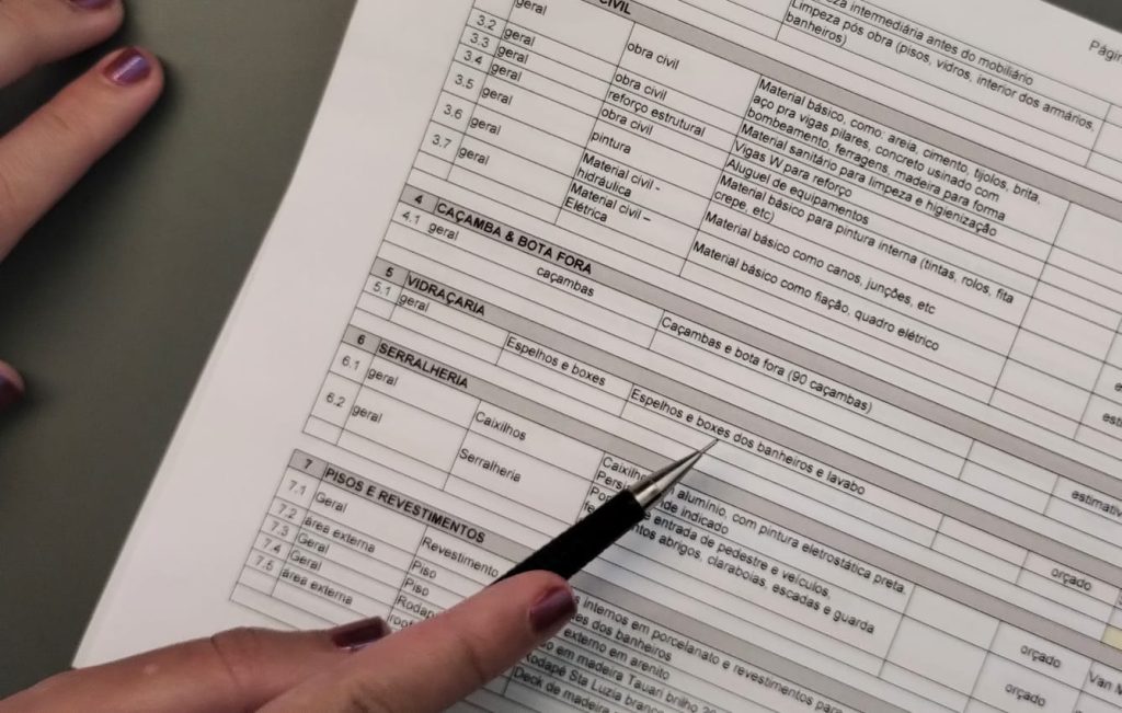 Imagem de uma planilha orçamentária com detalhes do projeto de arquitetura. 