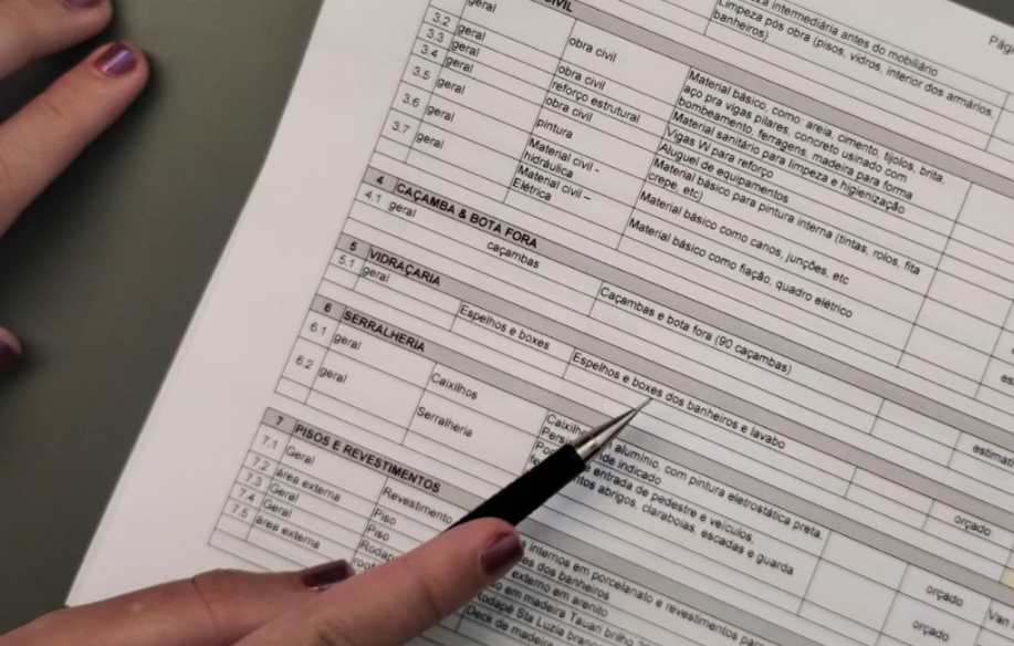 A imagem mostra uma planilha de orçamento, usada para facilitar na organização da obra. 