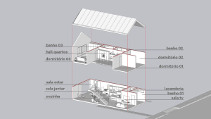 Imagem detalhada de um projeto arquitetônico, mostrando as várias partes de uma casa.