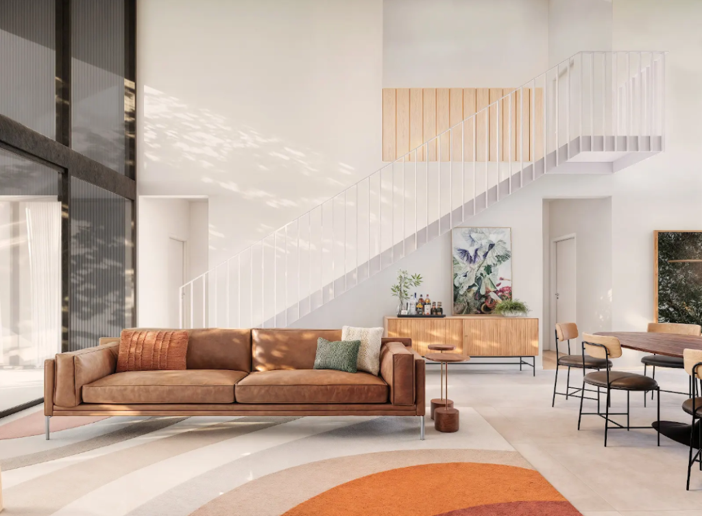 Representação de uma sala de estar de um dos projetos da Habitai Casas.