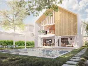 A imagem mostra o espaço dos fundos de uma casa, com grama e piscina.